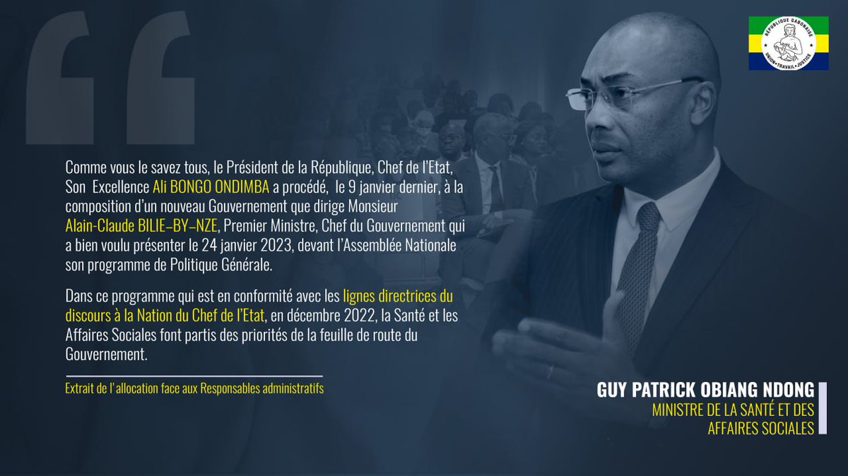 Face aux Responsables administratifs du Ministère de la <a href="/SanteSocialeGA/">Ministère de la Santé et des Affaires Sociales</a> , qu'il a rencontré le mardi 31 janvier 2023,  le Ministre, <a href="/DrObiang/">Dr Guy Patrick Obiang Ndong</a> a prononcé une allocution.

Retrouvez les grandes lignes de son propos.