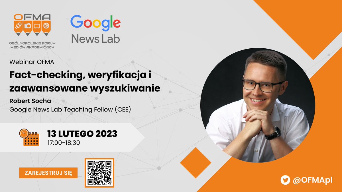 OFMApl's tweet image. 📢 Zapraszamy na webinar #OFMA ✨ Spotkanie poprowadzi @Robert_Socha z @GoogleNewsLab 🗞📊 Nasz gość opowie o tym jak w praktyce wygląda #factchecking, #weryfikacja informacji i dobry #research 🔍 

📅 13 lutego (pon), g. 17:00

🟠 Zarejestruj się 👉 forms.office.com/e/RVkPCT7TsV