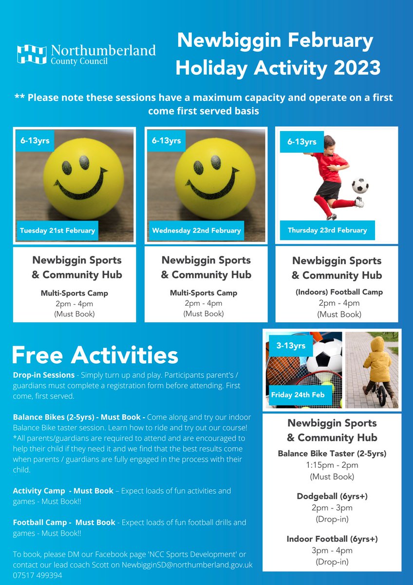 RNorthumberland's tweet image. N_landCouncil: RT @NewbigginTC: FREE February children's Half Term Activity Camp. Funded by Newbiggin Town Council in partnership with @N_landCouncil Sports Development.

See details below or visit newbiggintowncouncil.gov.uk for more information. 

#stayac…