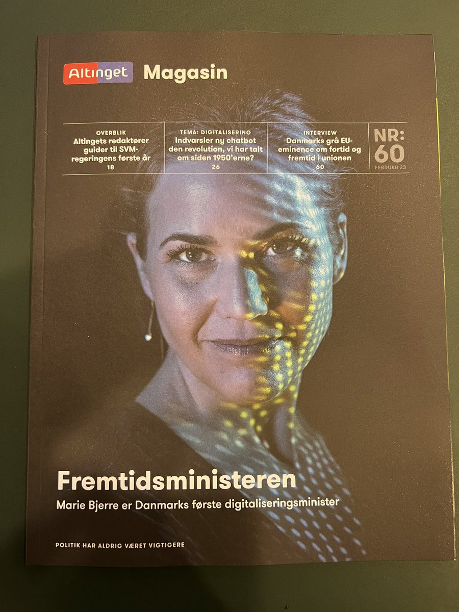 Danmarks første digitaliseringsminister <a href="/marie_bjerre/">Marie Bjerre</a> er i dag omtalt som fremtidens minister i Altingets februar magasin, som sætter fokus på #digitalisering 
Tak for et godt og sjovt samarbejde  <a href="/Altingetdk/">Altinget</a> #dkpol