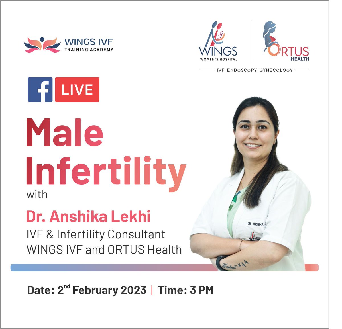 HospitalWINGS's tweet photo. Join the Facebook Live Chat on Male Infertility with Dr. Anshika Lekhi, IVF &amp; Infertility Consultant, \WINGS IVF and ORTUS Health. Stay tuned to our Facebook page on 2nd February 2023 at 3 PM.
#WINGSIVF #Maleinfertility #Infertility #FacebookLive #LiveChat https://t.co/vW28Maa8Qh
