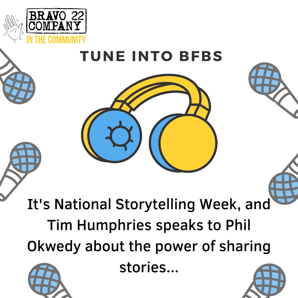 Bravo22Company's tweet image. Hi Bravos. 📻
Mark National Storytelling week &amp;amp; tune in to @BFBSRadioHQ as @timhradio chats with @philokwedy about the importance of storytelling.
Airing on Wed 1st Feb on the BFBS 1-4pm show and also on Tim&apos;s show on Sun 5th Feb 10am-1pm or listen here - we.tl/t-WgxFr43TEk
