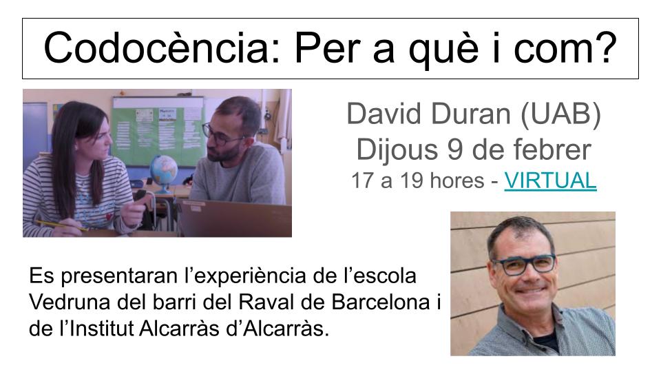 xarxaCb's tweet photo. "Codocència: per a què i com?", a les 17h, sessió virtual a càrrec de David Duran @davidduran_cat @GraiUab amb les experiències de @vedrunaangels i @insalcarras No cal inscripció prèvia. LINK: https://t.co/BB8aAOiU7K https://t.co/uPhjq0q69s