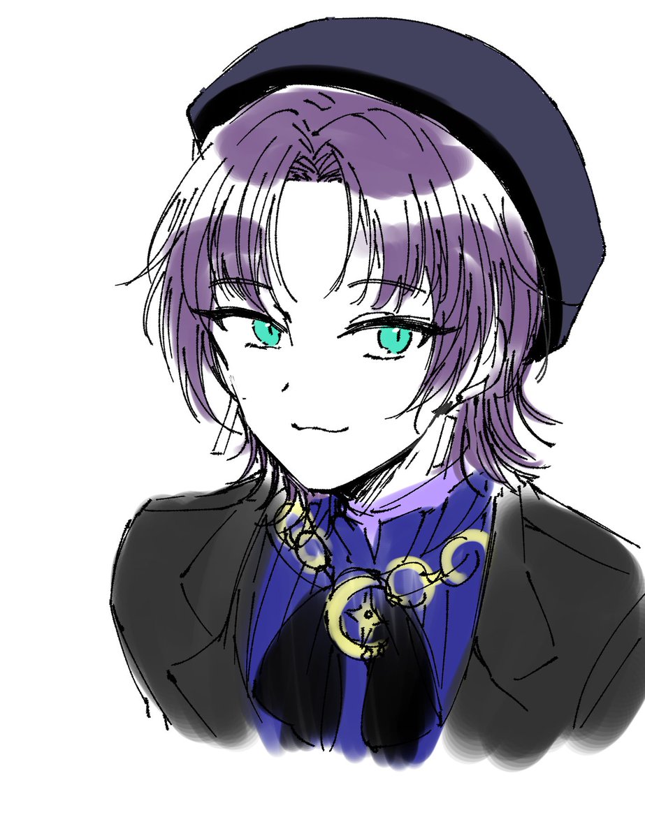 asakura toru 1girl solo hat white background earrings jewelry purple hair  illustration images