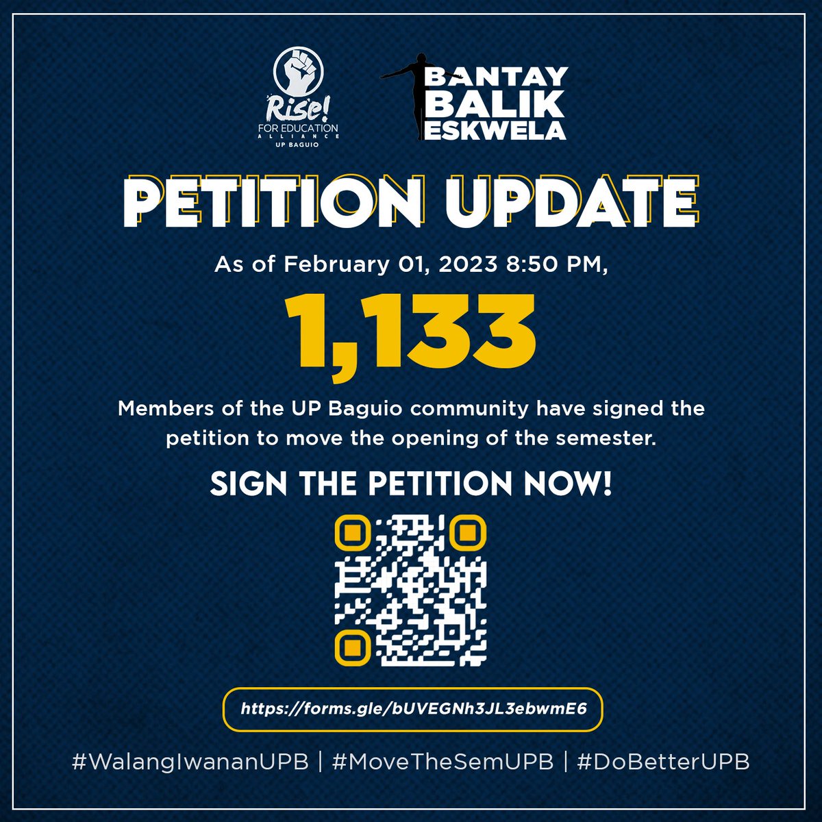 #MoveTheSemUPB PETITION UPDATE 

The petition to move the opening of the second semester has now gathered 1,133 signatories. 

Sign the petition! forms.gle/21gWyxgaWqzVNx…  

#WalangIwananUPB
#MoveTheSemUPB
#DoBetterUPB