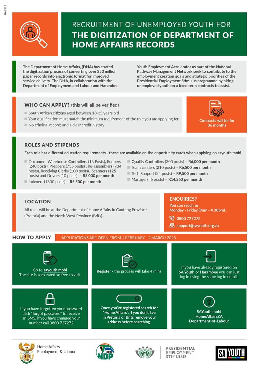 RECRUITMENT OF UNEMPLOYED YOUTH FOR THE DIGITIZATION OF @SADHomeAffairs RECORDS

Call our toll-free support line on 0800 727272, Mon-Fri, 9am-4:30pm if you have any questions or email support@sayouth.org.za

#SAYouth #EmploySAYouth #Work4Work #DHAServiceDelivery