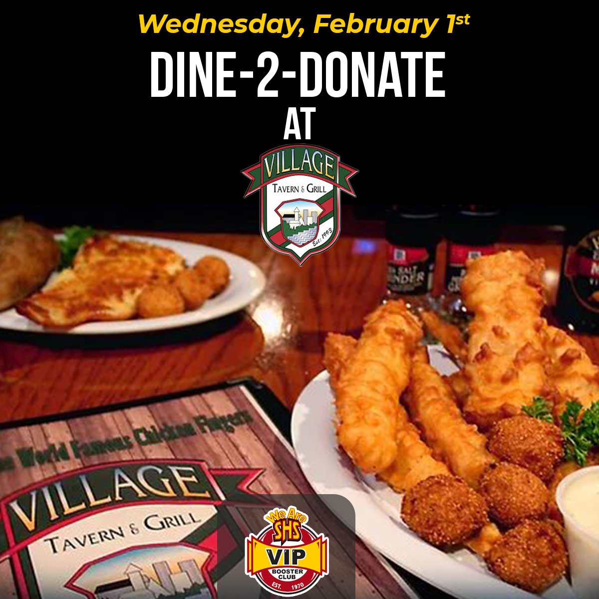 Today Wednesday is Dine-2-Donate at Village Tavern & Grill!
901 W. Wise Rd. Schaumburg, IL.
20% of your pre-tax bill will benefit the Schaumburg High School VIP Booster Club.
#vipboosters #SHS #villagetavern #Dine2Donate #support