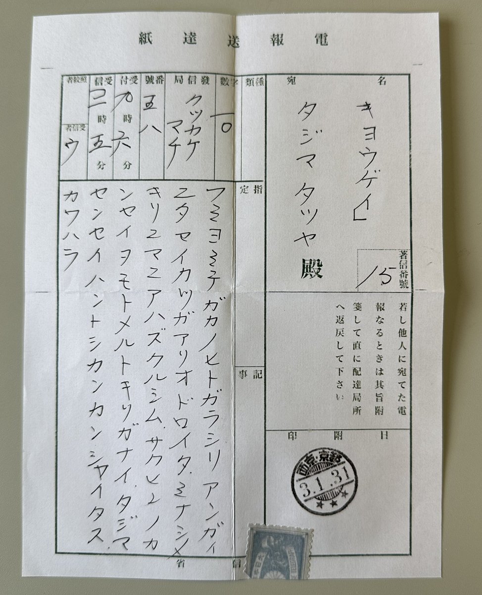 凝った手紙が多く届く中、一見素っ気ない感じの電報が来た。しかしよく
