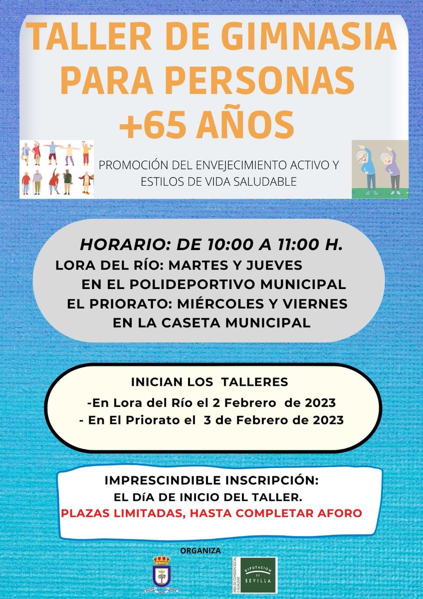 aytoloradelrio's tweet photo. ➡️ Inscripción para el taller de #gimnasia para personas +65 años en #loradelrio y #elpriorato @Sandra_PM_
✅ https://t.co/i5nAOPhPpV https://t.co/iz6kdKbzn3