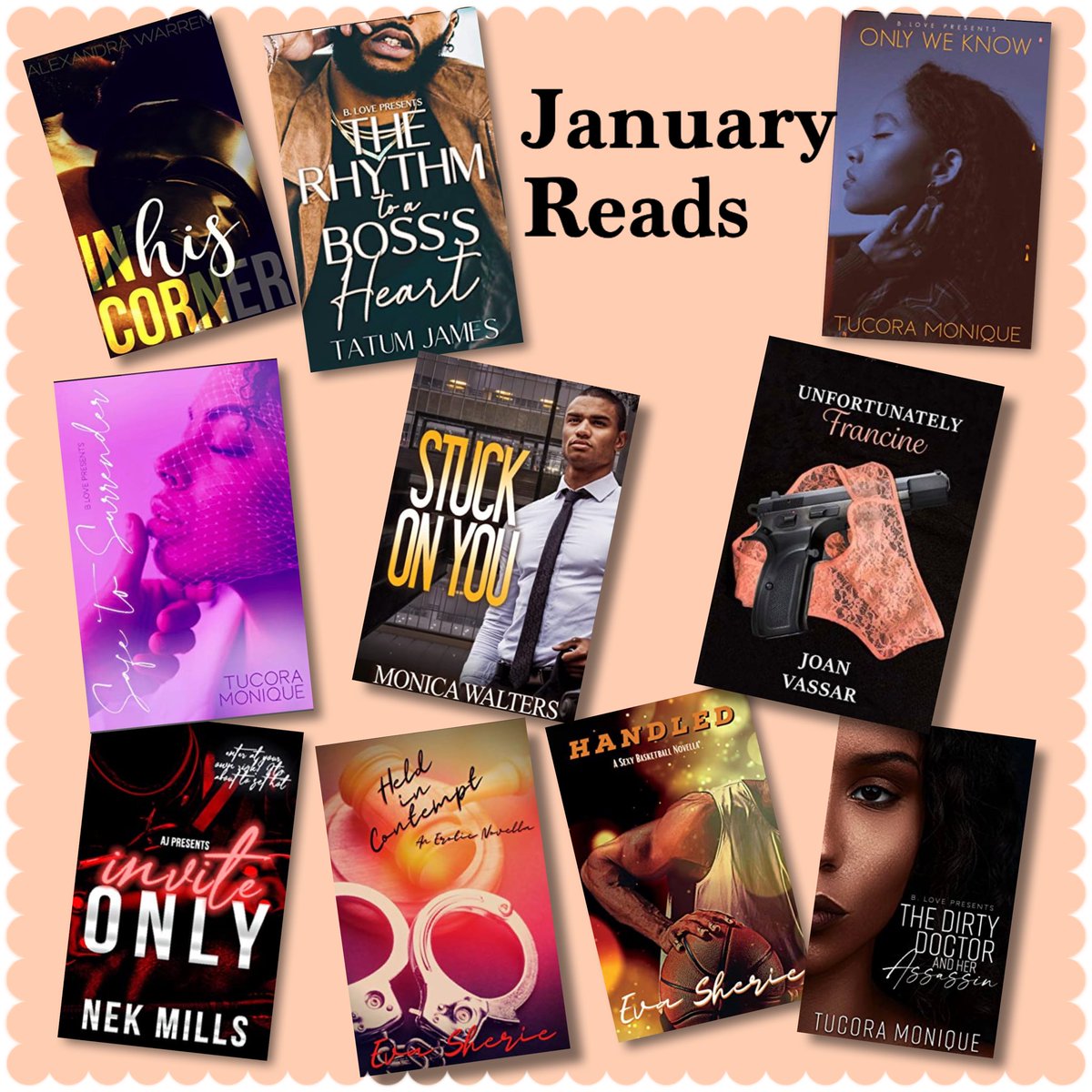 January reads!  Good start to the year! 

16 E-books ranging from 91 pages to 503 pages 

12 audiobooks ranging from 1:23 to 15:00

5 NTMA!!!