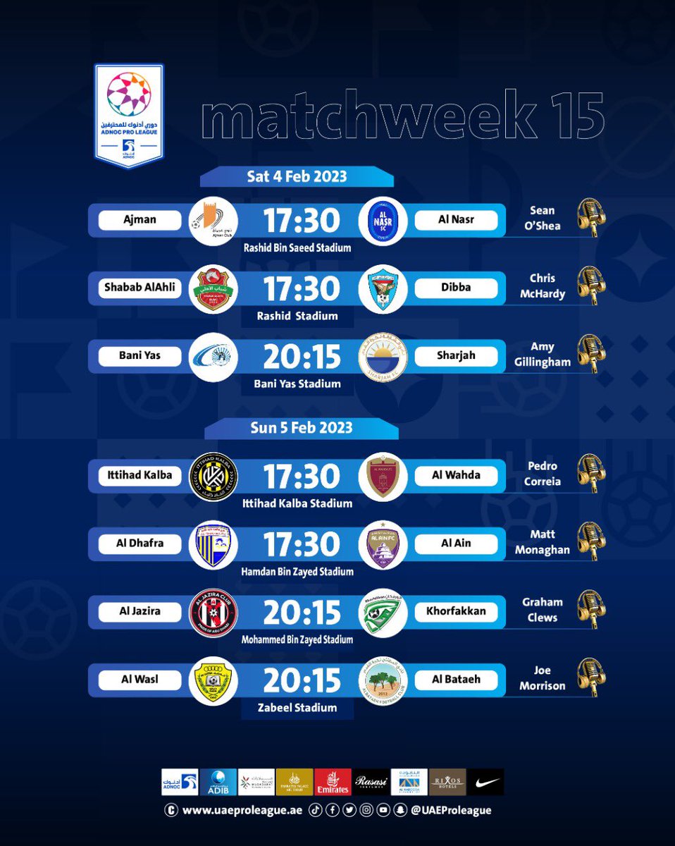 ADNOC Pro League (@uaeproleague_en) on Twitter photo 🎤 Your commentators for MW 15 fixtures are 👇🏻
#ADNOCProLeague ⚽
<a href="/brownstarCB/">Chris Brown</a> <a href="/seanoshea82/">Sean O'Shea</a> <a href="/PedroBCorreia/">Pedro Correia</a> <a href="/ChrisMcHardy19/">Chris McHardy</a> <a href="/joefooty/">Joe Morrison</a> 🎤 Your commentators for MW 15 fixtures are 👇🏻
#ADNOCProLeague ⚽
<a href="/brownstarCB/">Chris Brown</a> <a href="/seanoshea82/">Sean O'Shea</a> <a href="/PedroBCorreia/">Pedro Correia</a> <a href="/ChrisMcHardy19/">Chris McHardy</a> <a href="/joefooty/">Joe Morrison</a>