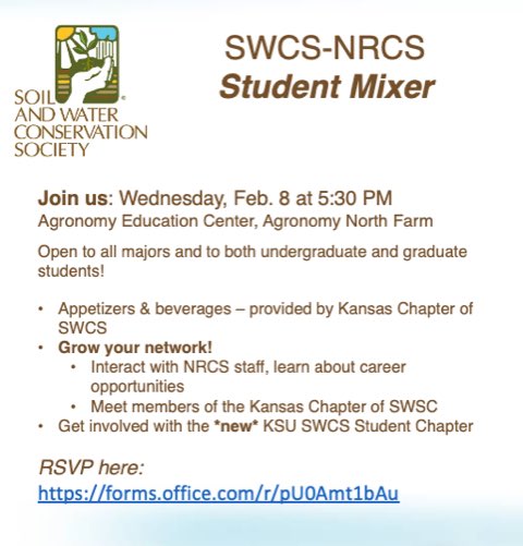 KSU_SWCS's tweet photo. Exciting opportunity for K-State students to grow their network! Interact with the Kansas Chapter of SWCS, learn about NRCS job opportunities, &amp; get involved with the KSU SWCS Chapter! See you there 👋RSVP: https://t.co/GePuP5hVLc https://t.co/ypopXpMmN9