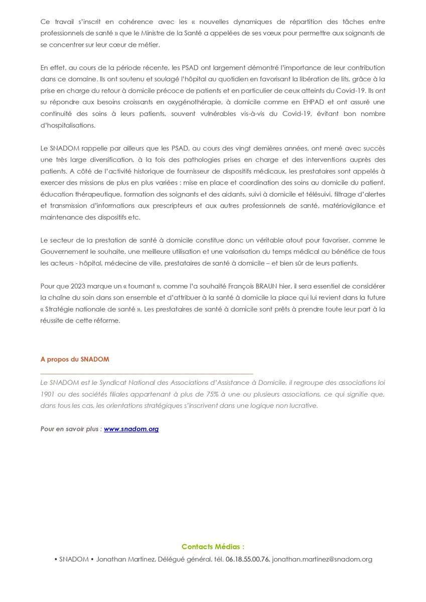 [COMMUNIQUE DE PRESSE📰]

Après les vœux présentés par les Ministres François BRAUN et Agnès FIRMIN LE BODO, le SNADOM appelle le Gouvernement à s’appuyer sur la prestation de santé à domicile pour décloisonner et réformer le système de santé
