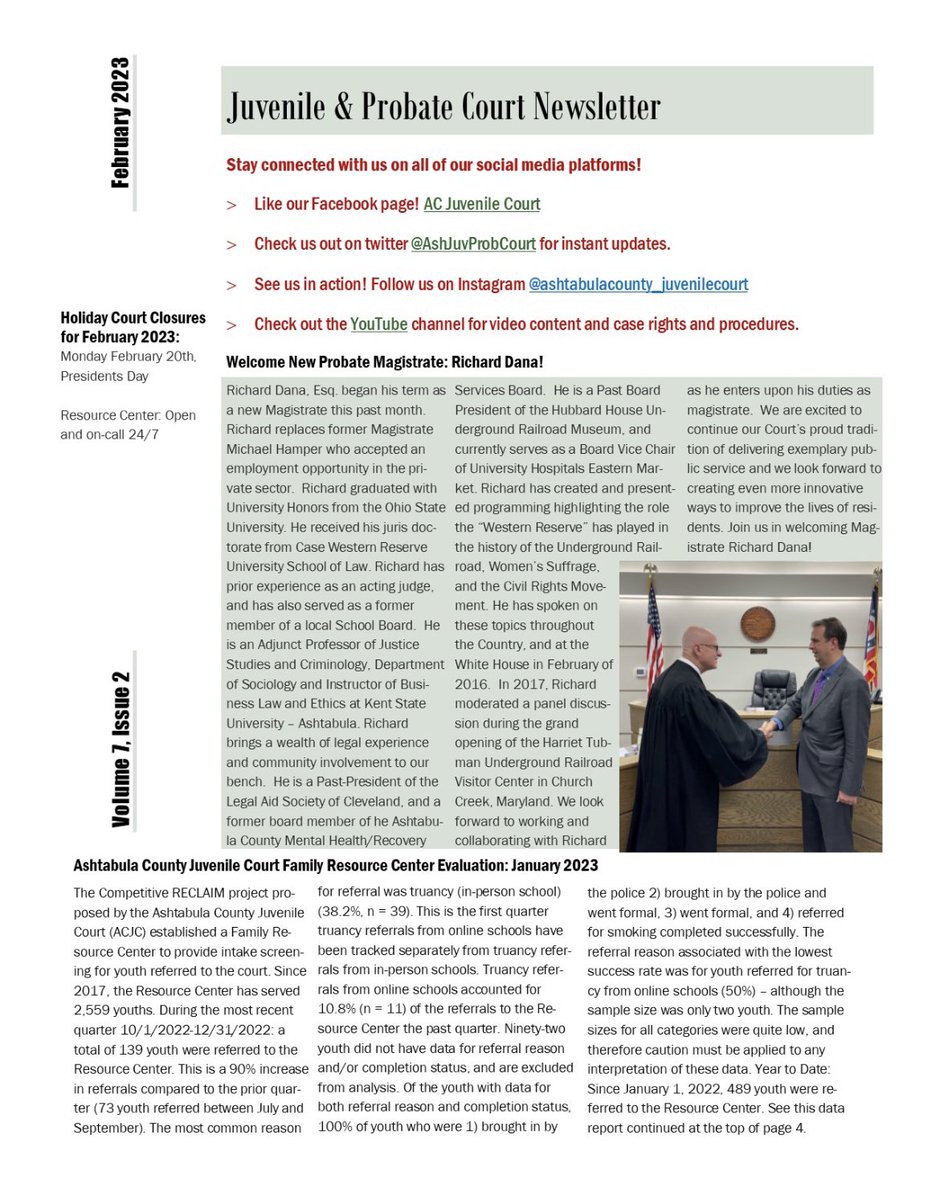 AshJuvProbCourt's tweet photo. You don’t want to skip over this newsletter!! 
✔️New Ashtabula County Probate Magistrate
✔️Details on the RAM Clinic
✔️Family Reaource Center Evaluation 

Reach out directly if you have any questions! https://t.co/8lhw3K6ZB4
