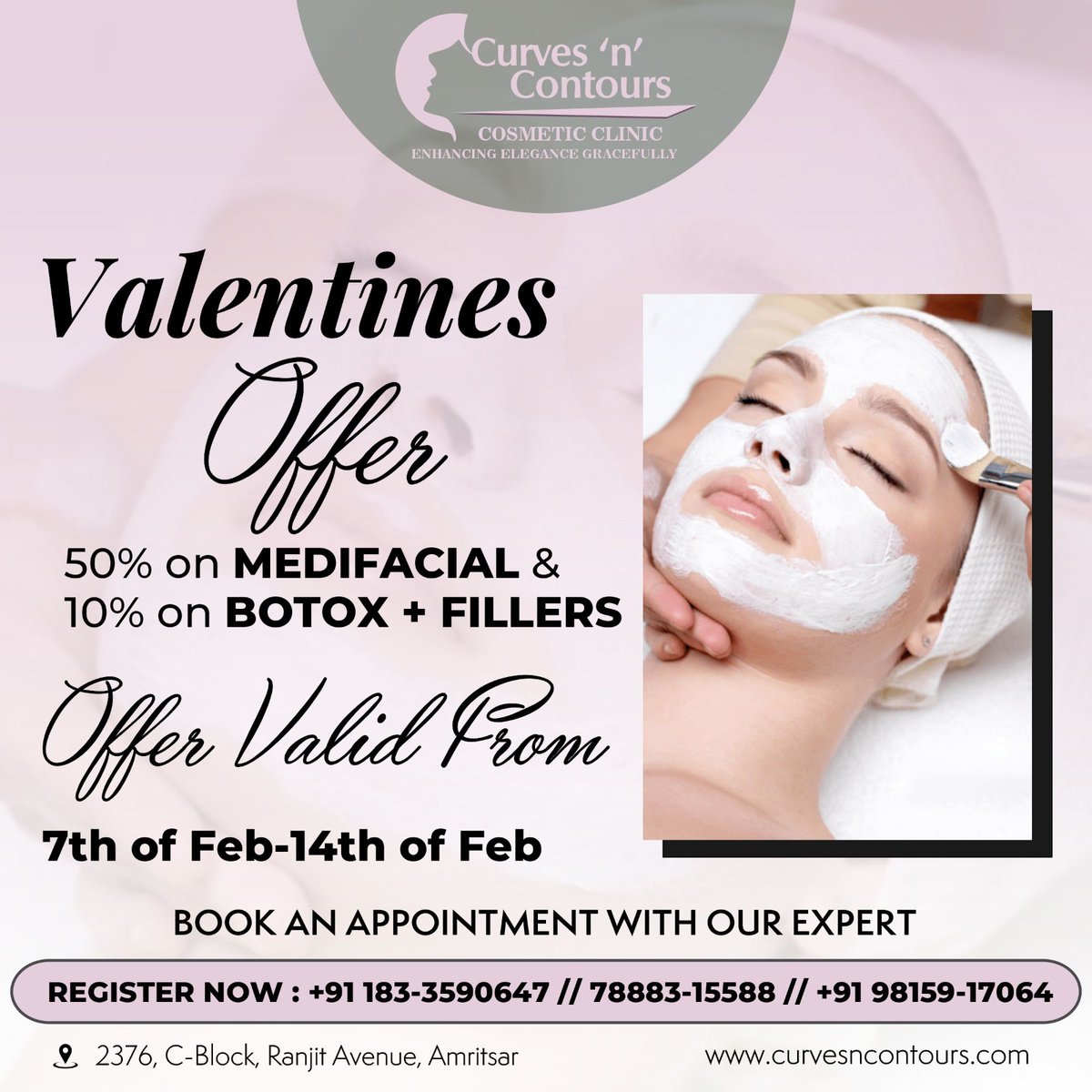 Our Valentine's Offer is here! 💕🥰

50% on Medifacial 

10% on Botox + Fillers

Offer valid from 7th of Feb-14th of Feb

Book your appointment.
☎️Call-+91 788-8315588

#valentinesday #feb14 #specialoffer #offertime #valentinesdayoffer #botoxtreatment #botox #botoxandfiller