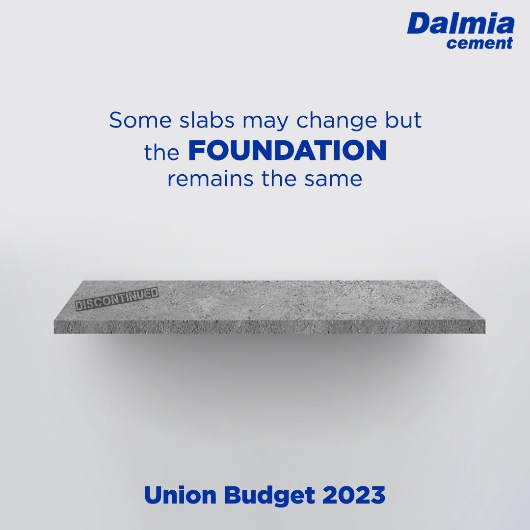 Tax slabs may go up and down but when you use Dalmia Cement for your dream home's foundation - it will always stay sound!

#DalmiaCement #FutureToday #Dalmia #IndiaBudget #2023Budget #UnionBudget #India #Economy #BlendedCement #Strength #Durability #Quality