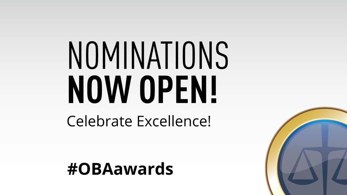 OBAlawyers's tweet photo. Know a colleague who deserves special recognition for the great work they do? Nominate them for one of the OBA's Association Awards. Nominations are now open and must be received by Friday, February 17, at 5 p.m. https://t.co/kBAG7gVatr https://t.co/fKije5dWBp