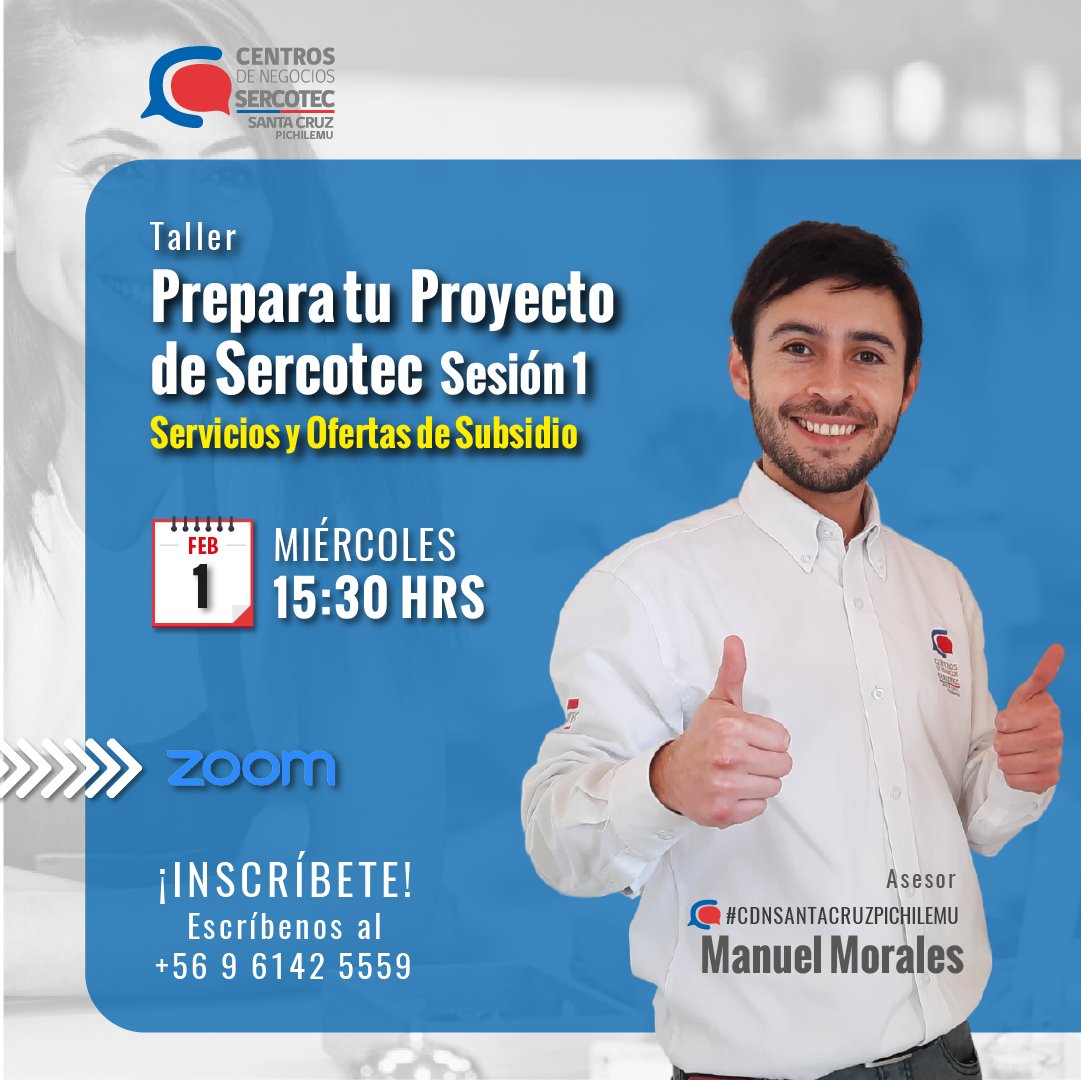 ¡Atención emprendedores y empresarios EMT! 🗣️ ¡Tenemos nuevo ciclo de talleres 𝗣𝗥𝗘𝗣𝗔𝗥𝗔 𝗧𝗨 𝗣𝗥𝗢𝗬𝗘𝗖𝗧𝗢 𝗗𝗘 𝗦𝗘𝗥𝗖𝗢𝗧𝗘𝗖!

➡️ Conéctate HOY a la Sesión 1: Servicios y Ofertas de Subsidio. us06web.zoom.us/j/87600096513

#Cuándo: Miércoles 1 de feb #Hora: 15:30 hrs.