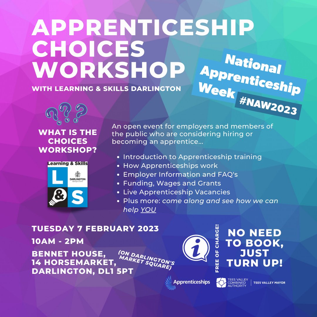 darlingtonl_s's tweet image. ⚡️Apprenticeship Choices Workshop
📅 Tuesday 7 February 2023
⏱ 10am-2pm (drop in anytime of day between these hours)
🏢 Bennet House, 14 Horsemarket, Darlington, DL1 5PT (old CAB building on the market square)

Come along, it’s free!

#ShareShareShare