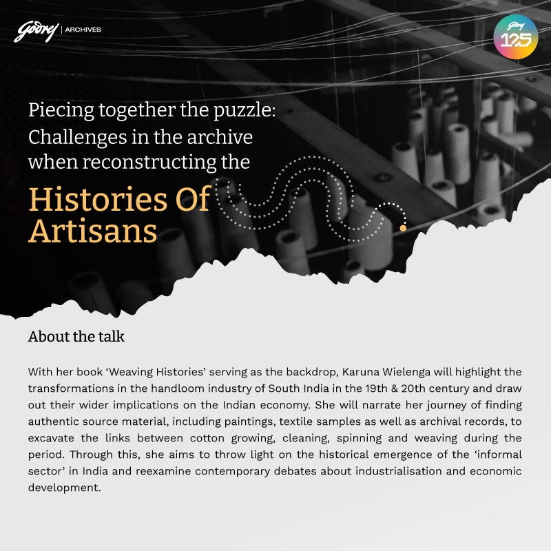 GodrejArchives's tweet photo. #ThursdayTalk Join us on Thurs, 9th Feb, 6 pm IST for our open-for-all #Zoomtalk by Karuna Wielenga (Azim Premji University, Bangalore) She will highlight the transformations in the #handloom #industry of South India in the 19th & 20th century. Register:
https://t.co/bCazCgmacL https://t.co/vQADCYDaQU
