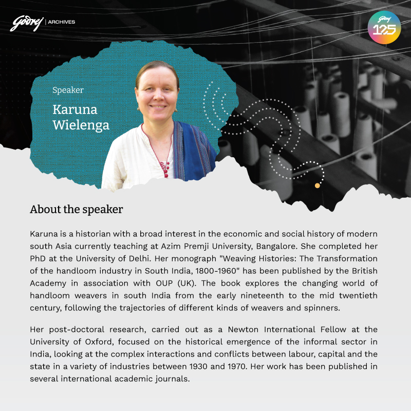 GodrejArchives's tweet photo. #ThursdayTalk Join us on Thurs, 9th Feb, 6 pm IST for our open-for-all #Zoomtalk by Karuna Wielenga (Azim Premji University, Bangalore) She will highlight the transformations in the #handloom #industry of South India in the 19th & 20th century. Register:
https://t.co/bCazCgmacL https://t.co/vQADCYDaQU