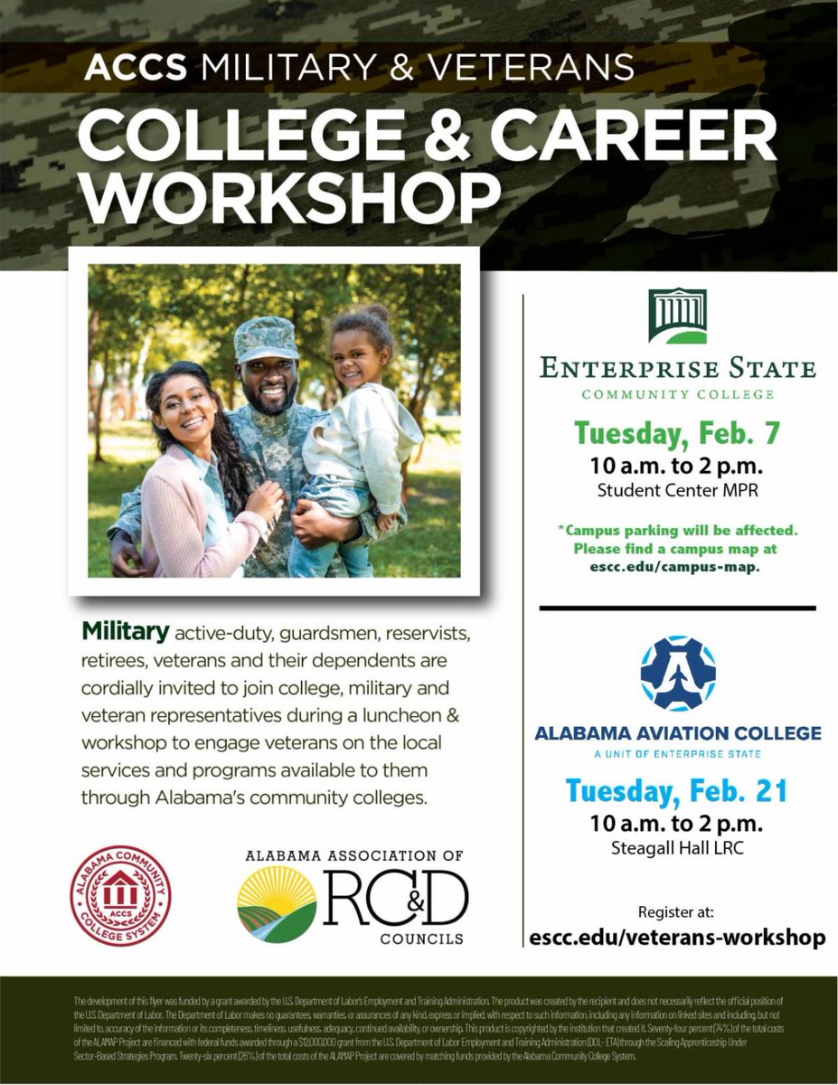 Be sure to visit the College and Career Workshops at Enterprise State Community College on February 7th and Alabama Aviation College on February 21st! Register at: escc.edu/veterans-works…