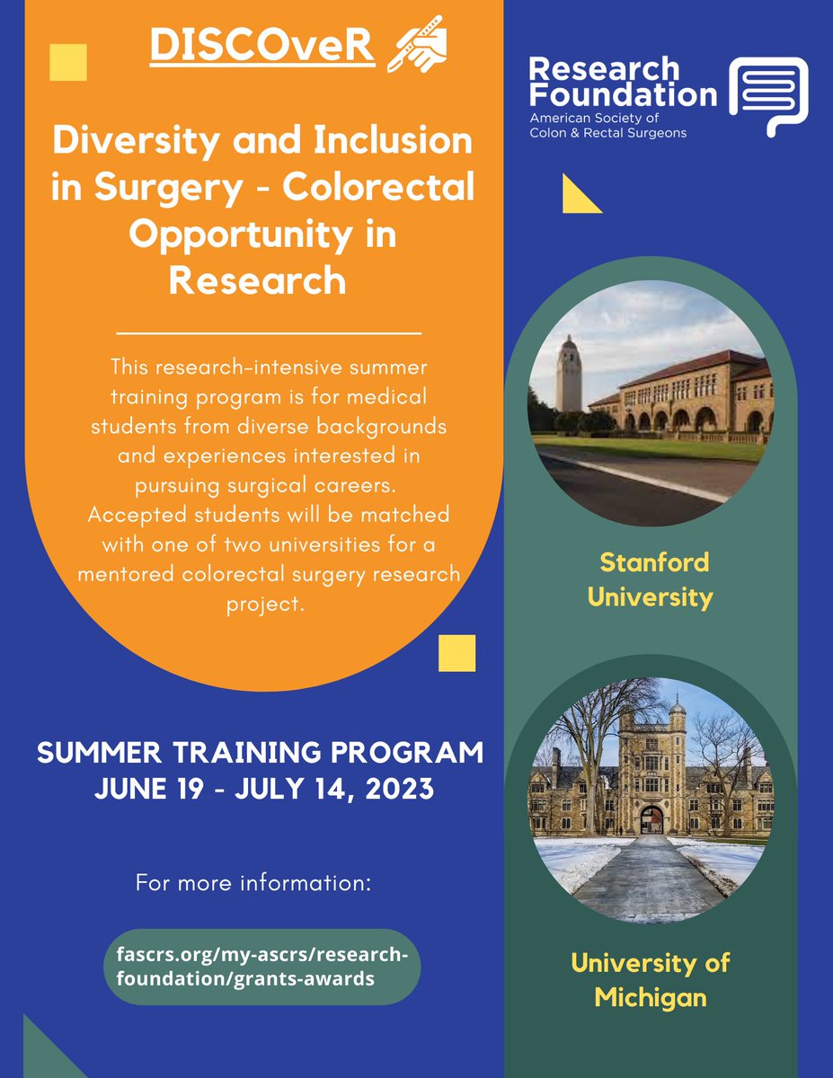 ASCRS_1 (@ascrs_1) on Twitter photo NEW DISCOveR program from the Research Foundation of ASCRS! Share this new summer research opportunity for underrepresented medical students with your networks! fascrs.org/my-ascrs/resea…
<a href="/SurgSectionNMA/">Surgical Section NMA</a>
<a href="/NationalSOMA/">National SOMA</a>
<a href="/SocietyofBAS/">Society of Black Academic Surgeons</a>
<a href="/LmsaNational/">LMSA National</a>
<a href="/SNMA/">Student National Medical Association, Inc (SNMA)</a>
<a href="/WomenSurgeons/">WomenSurgeons</a>
<a href="/AMSANational/">American Medical Student Association (AMSA)</a> NEW DISCOveR program from the Research Foundation of ASCRS! Share this new summer research opportunity for underrepresented medical students with your networks! fascrs.org/my-ascrs/resea…
<a href="/SurgSectionNMA/">Surgical Section NMA</a>
<a href="/NationalSOMA/">National SOMA</a>
<a href="/SocietyofBAS/">Society of Black Academic Surgeons</a>
<a href="/LmsaNational/">LMSA National</a>
<a href="/SNMA/">Student National Medical Association, Inc (SNMA)</a>
<a href="/WomenSurgeons/">WomenSurgeons</a>
<a href="/AMSANational/">American Medical Student Association (AMSA)</a>