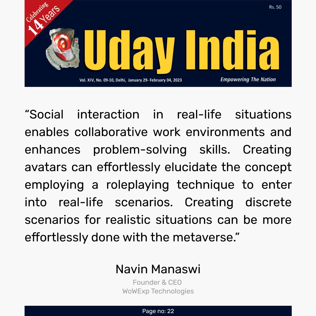 WoWExp: India’s 1st Metaverse's founder Navin Manaswi mentioned in Uday India News's article on What would education look like in a Metaverse world?

#technology #india #education #future #metaverse #metaverselearning #virtuallearning #virtualstudy #virtualreality