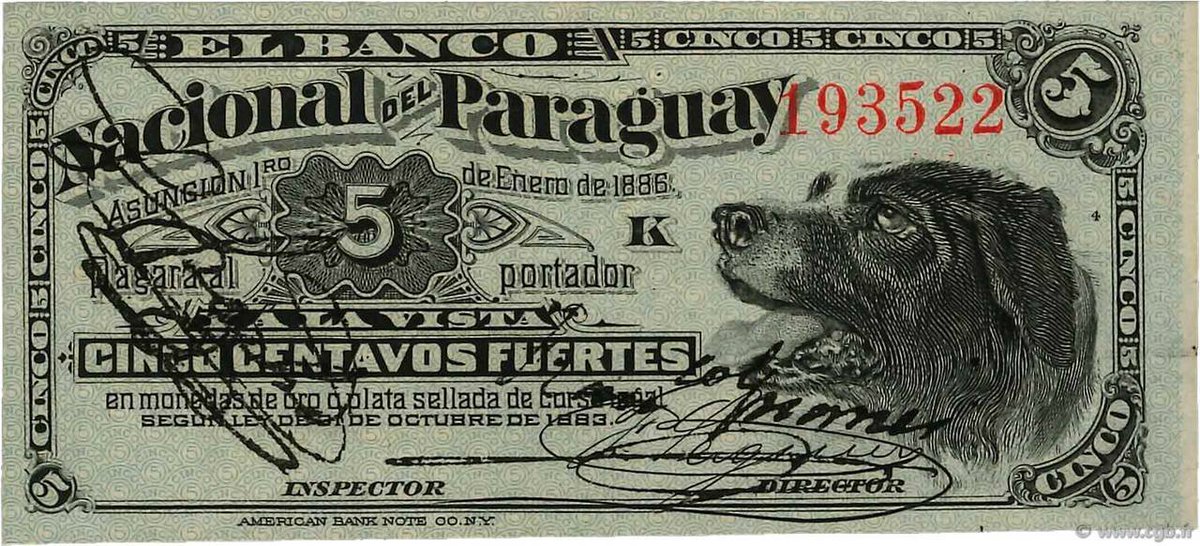La historia detrás del perrito (?

Siempre consultan qué onda el perri en los billetes de CINCO CENTAVOS FUERTES emitidos por el Banco del Py o Banco Nacional del Py con anterioridad al año 1900, si bien no conozco la historia exacta sobre BRUNO aquí van algunos datos menores.