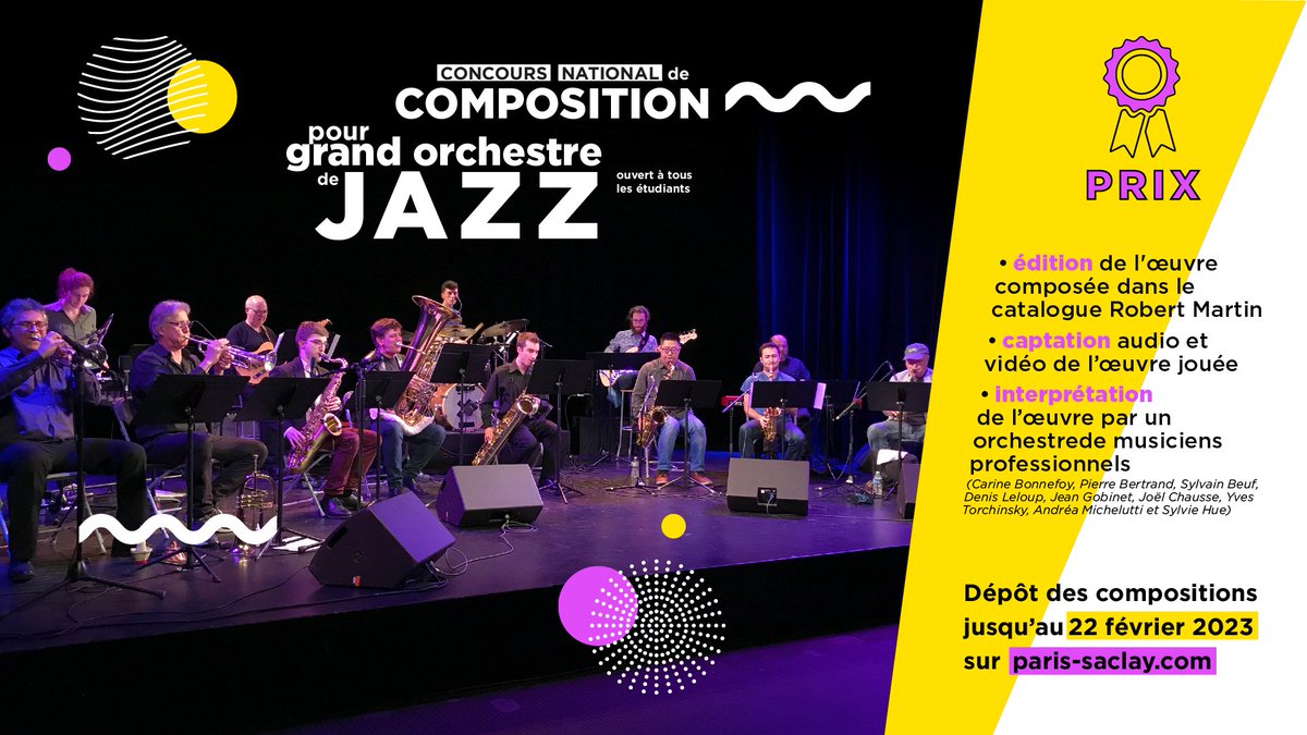 agglopariSaclay's tweet photo. [CONCOURS] Vous rêvez que votre œuvre soit éditée dans l’une des plus prestigieuses maisons d’édition ? Tentez votre chance en participant au concours de composition pour grand ensemble de jazz organisé par le CRD Paris-Saclay🤩
Candidatez avant le 22/02👉 https://t.co/Xy6Ry6ayR5 https://t.co/i9dDFy6VZg
