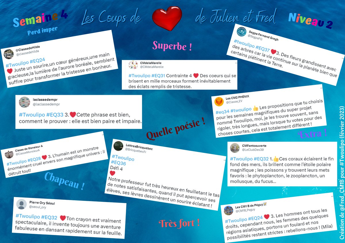 Pour cette 4e semaine, voilà les coups de❤️de 
<a href="/Julien_cremoux/">Julien Crémoux</a> et de <a href="/Fred_cm1b/">𝔽𝕣𝕖𝕕 🍞 🚴 🗞 #JeSuisPaul</a> sur "perd imper" pour le niveau 2 ! #Twoulipo
Bravo à : 
<a href="/classedehilda/">@ClassedeHilda</a> 
<a href="/CM1B_Peguy/">Les CM1 B de Péguy📝</a> 
<a href="/ClasseMonsieurA/">Classe de Monsieur A</a> 
<a href="/CMdelaMarelle/">CMdelaMarelle</a> 
<a href="/LeClubDes30/">CMFontcouverte</a> 
<a href="/seoul_ory/">Pierre Ory Séoul</a> 
<a href="/laclassedempr/">laclassedempr</a> 
@Classe_EV 
<a href="/BricquebecFr/">LettresBricquebec</a> 
<a href="/SegpaFG/">Segpa Fernand Gregh</a>
