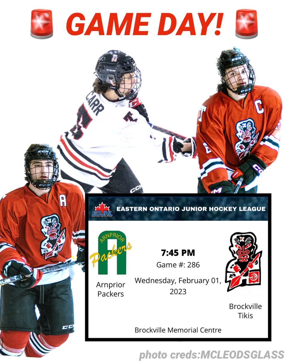 🚨GAME DAY!🚨 Your Brockville Tikis are on home ice tonight for a match against the Arnprior Packers. Puck drop at 7:45pm. Let’s roll Teeks!! <a href="/theEOJHL/">The EOJHL</a> #TikisGameday #tikitime #brockvilletikis #rollteeks #EOJHL
