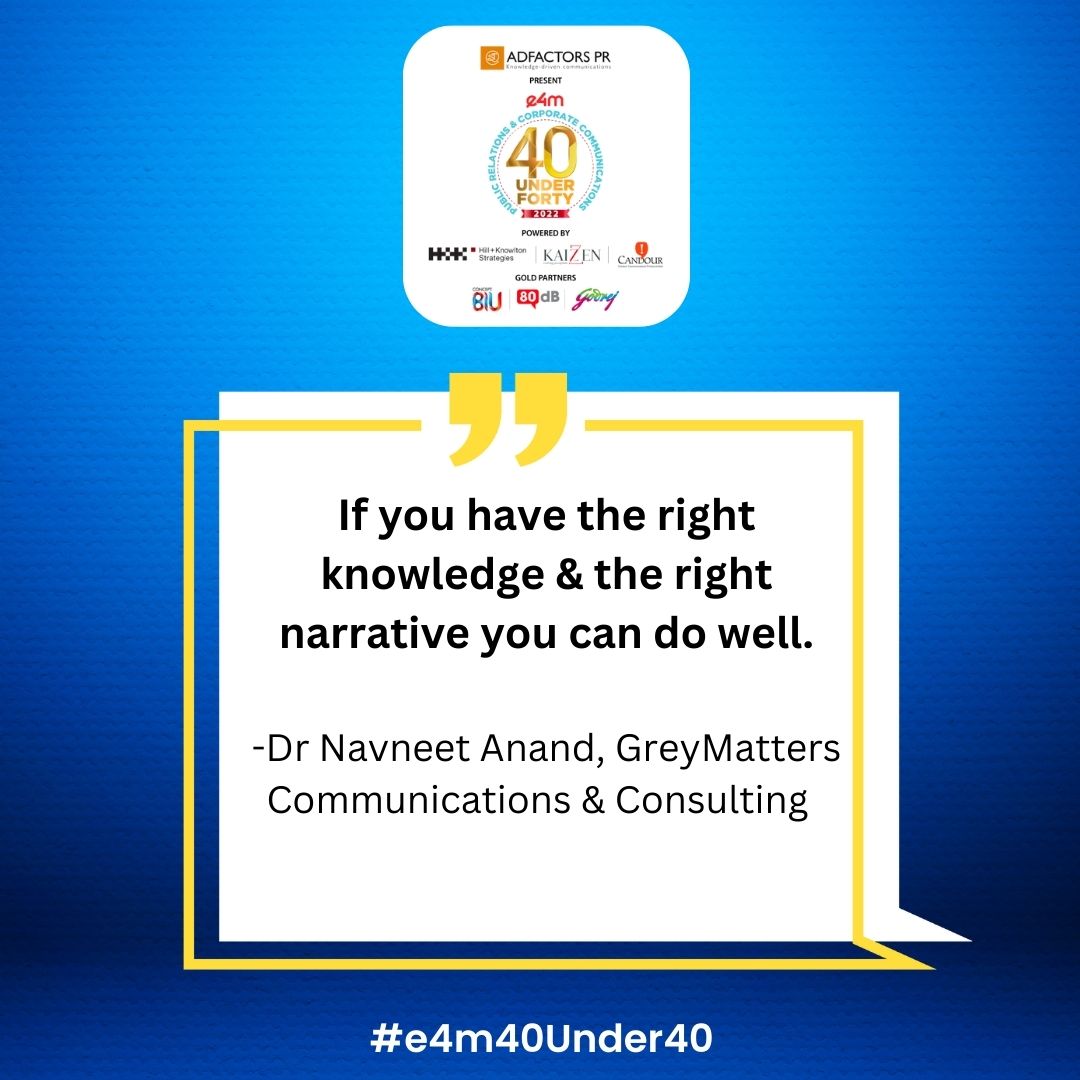 e4mtweets's tweet photo. Well said Dr @navneetanand, Founder &amp; Director, @GreyMattersPR 🙌

 #e4m40Under40  #e4m #PR #CorpComm #PRAwards #PRSummit #NewDelhi https://t.co/hyGWfaqh0i