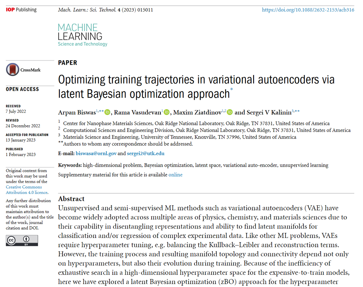 Machine Learning: Science and Technology (@mlstjournal) on Twitter photo Great new work by @ramav_matsci <a href="/Sergei_Imaging/">Sergei Kalinin</a> <a href="/MaximZiatdinov/">Maxim Ziatdinov</a> <a href="/OLCFGOV/">OLCF</a> <a href="/ORNL_PhysSci/">Physical Sciences</a> <a href="/UT_MSE/">UT MSE</a> <a href="/UTK_TCE/">Tickle College of Engineering</a> - 'Optimizing training trajectories in variational #autoencoders via latent #Bayesian optimization approach' - bit.ly/3HwBwJI #machinelearning #materials #compchem #AI Great new work by @ramav_matsci <a href="/Sergei_Imaging/">Sergei Kalinin</a> <a href="/MaximZiatdinov/">Maxim Ziatdinov</a> <a href="/OLCFGOV/">OLCF</a> <a href="/ORNL_PhysSci/">Physical Sciences</a> <a href="/UT_MSE/">UT MSE</a> <a href="/UTK_TCE/">Tickle College of Engineering</a> - 'Optimizing training trajectories in variational #autoencoders via latent #Bayesian optimization approach' - bit.ly/3HwBwJI #machinelearning #materials #compchem #AI