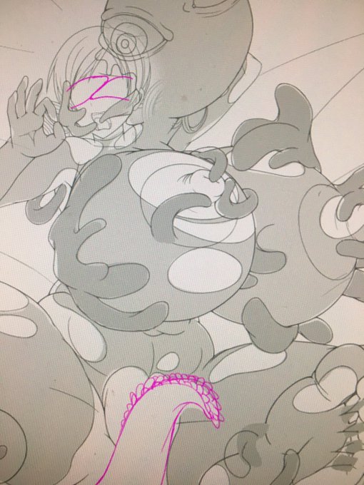 スーツ浸食しながら、目隠しして認識改変やエロい意識を送り込む洗脳触手と、快感を与えて堕ちやすくする、おまんこブラシ触手。(ピンクの線) 