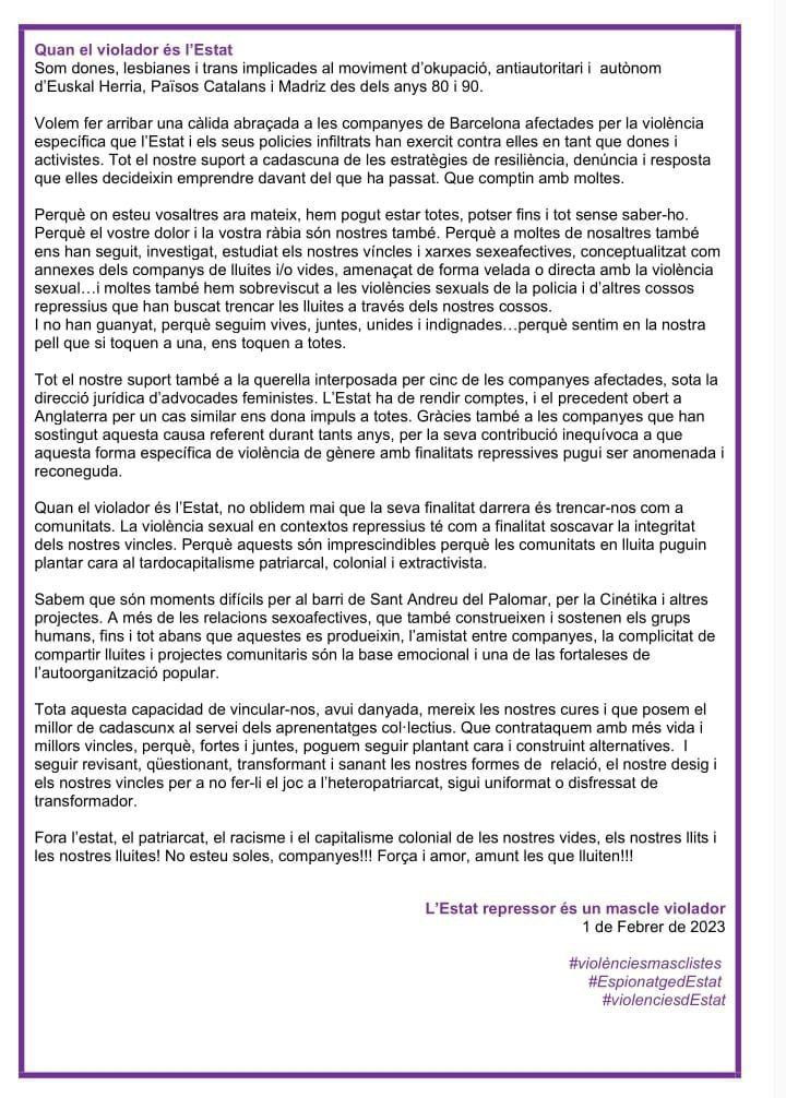 Aquesta tarda estem convocades a Sant Andreu i el Casal romandrà tancat durant la manifestació.
En suport a La Cinetika i totes les afectades per les infiltracions policials!

📍Rambla de Fabra i Puig 28, davant La Cinetika
📅1 de febrer, 18h30
#EspionatgedEstat #ViolenciesdEstat