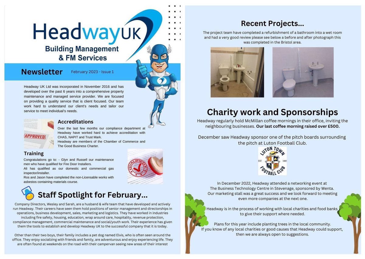 Happy February! 
A new month and our new Headway UK Newsletter! 
An opportunity to update our followers, friends, customers &amp; clients on all things Headway UK - we’d love your feedback! 
#newsletter #propertymaintenance #Headwayuk #monthlyupdates #readallaboutus