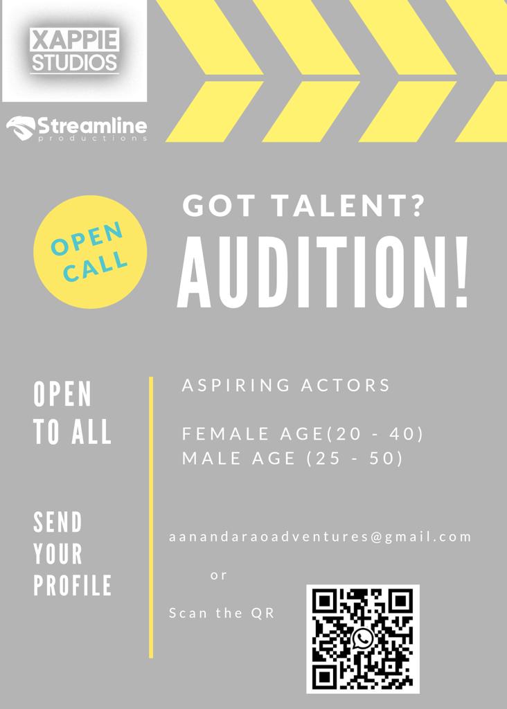 Xappie Studios (@xappiestudios) on Twitter photo CASTING CALL 📢
Eager to Prove Your Acting Prowess❓
Here's the Right Audition for you ✅
<a href="/XappieStudios/">Xappie Studios</a> & #StreamlineProductions looking for Talented Artists 🔎
Female (Age 20-40)🙋♀️
Male (Age 20-50)🙋
Mail your profiles to aanandaraoadventures@gmail.com 📩
or Scan QR code CASTING CALL 📢
Eager to Prove Your Acting Prowess❓
Here's the Right Audition for you ✅
<a href="/XappieStudios/">Xappie Studios</a> & #StreamlineProductions looking for Talented Artists 🔎
Female (Age 20-40)🙋♀️
Male (Age 20-50)🙋
Mail your profiles to aanandaraoadventures@gmail.com 📩
or Scan QR code