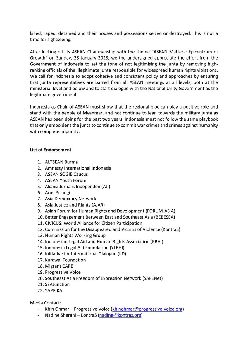 🚨 22 organizations, including IID, call on the Indonesia government as the Chair of ASEAN to implement cohesive policy and approach to not legitimise junta. 

📩  Read full statement: bit.ly/3XT9miV

#WhatsHappeninglnMyanmar