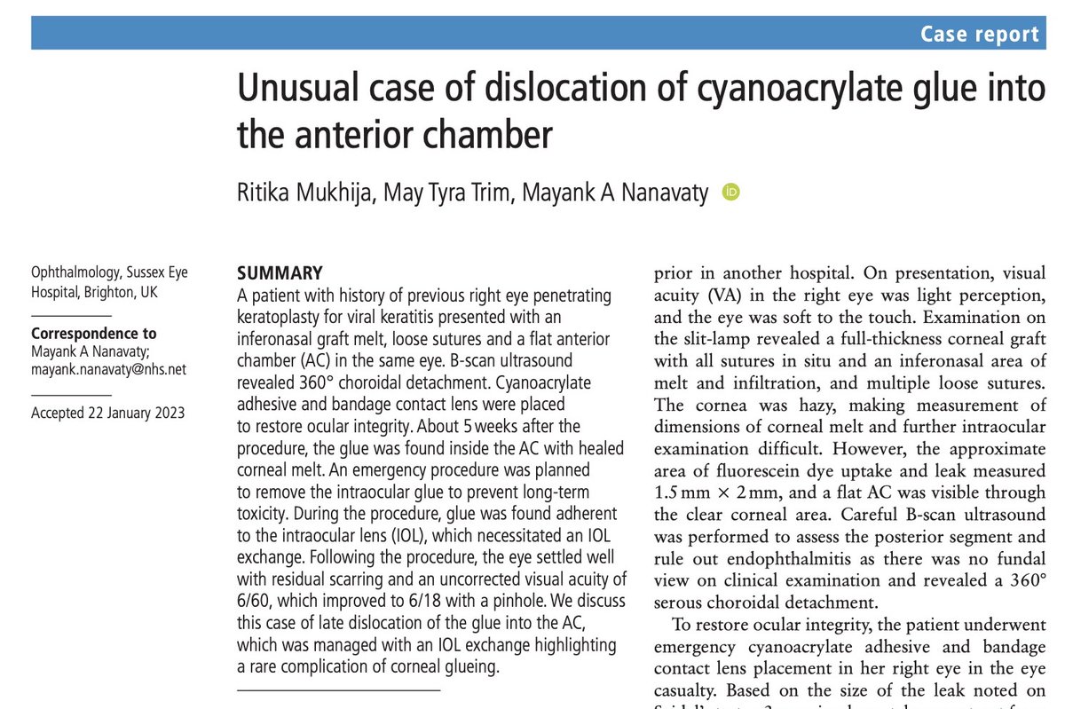 This article shows tips to manage an inadvertently placed cyanoacrylate glue inside the eye. Thanks to <a href="/dr_ritika_eye/">Ritika Mukhija</a>; <a href="/MaytyraPhoto/">Maytyra</a> . #glue; #cornea; #perforation. <a href="/BMJCaseReports/">BMJCaseReports</a>; <a href="/RCOphth/">Royal College of Ophthalmologists</a>; <a href="/ESCRSofficial/">ESCRS</a>; <a href="/ASCRStweets/">ASCRS</a>; <a href="/aao_ophth/">American Academy of Ophthalmology</a>; <a href="/UKISCRS/">UKISCRS</a>; <a href="/AECOSurgery/">AECOS</a>