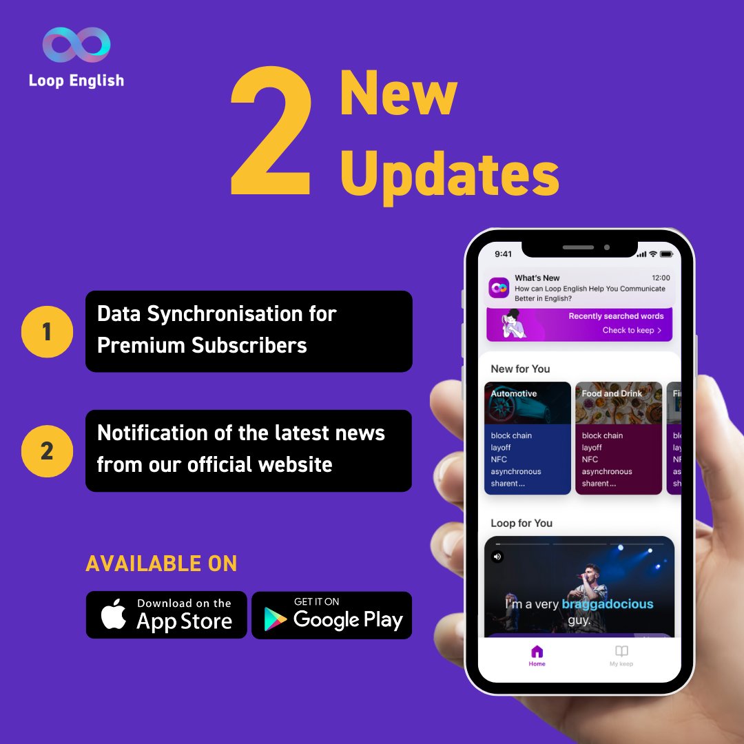 loop_english's tweet image. Welcome to the updated version of Loop English!
We are thrilled to bring you a more seamless experience with the integration of two exciting new features: #DataSynchronization and #Notification Function.
#LoopEnglish #App #Updates #Education #Technology #Ielts #Toeic #Exams