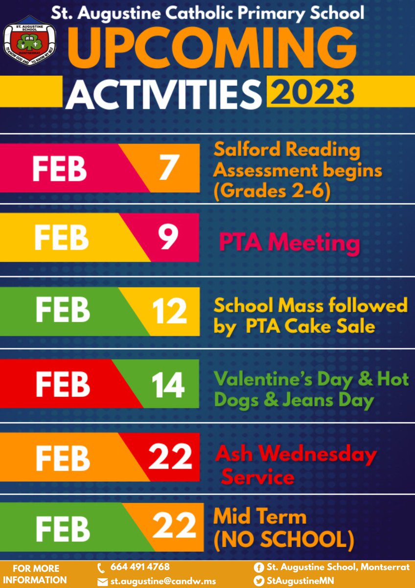 StAugustineMNI's tweet photo. Welcome February! 
This term is a short and busy one as we have returned to our regular pre COVID –19 events. The schedule of 'Upcoming Activities' below highlights important events with dates for the month of February. 
 #staugustineprimaryschool  #continuedexcellence https://t.co/oUW9Sdm5iu