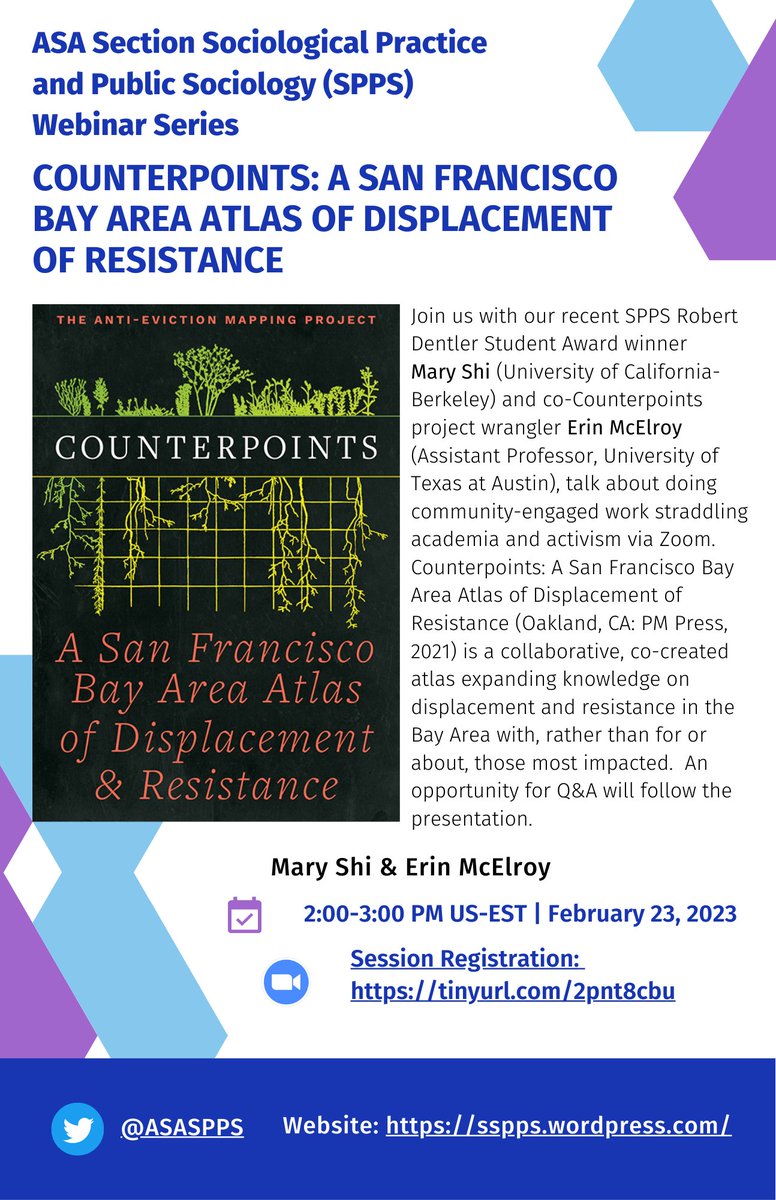 ASASPPS's tweet image. Save the Date! Join us with our recent SPPS Robert Dentler Student Award winner Mary Shi @mryshi and co-Counterpoints project wrangler Erin McElroy @erin_mc_elroy on Thurs, 2/23: 2-3PM EST!

Zoom info? Register: tinyurl.com/2pnt8cbu

#spps #appliedsociology #publicsociology