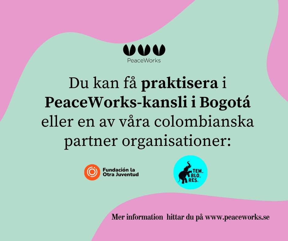 PeaceWorks_swe's tweet photo. Ansök till att få göra en betald praktik i Colombia! Deadline för ansökan är 05/02/2023 
Ansök här https://t.co/tm8cgNYkLC 

#PeaceWorks #Colombia #ungdomar #Praktik  #engagerad #fred #Sverige  #praktik https://t.co/GsGJTETeNo