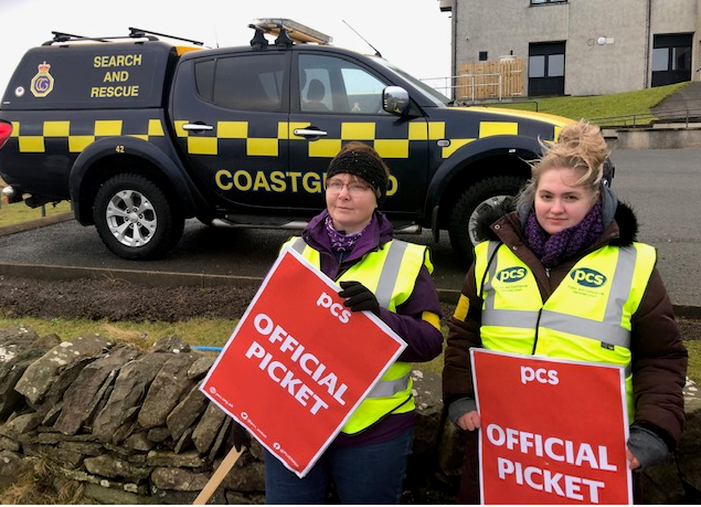 Two pickets stood in front of a Coastguard station with official picket placards