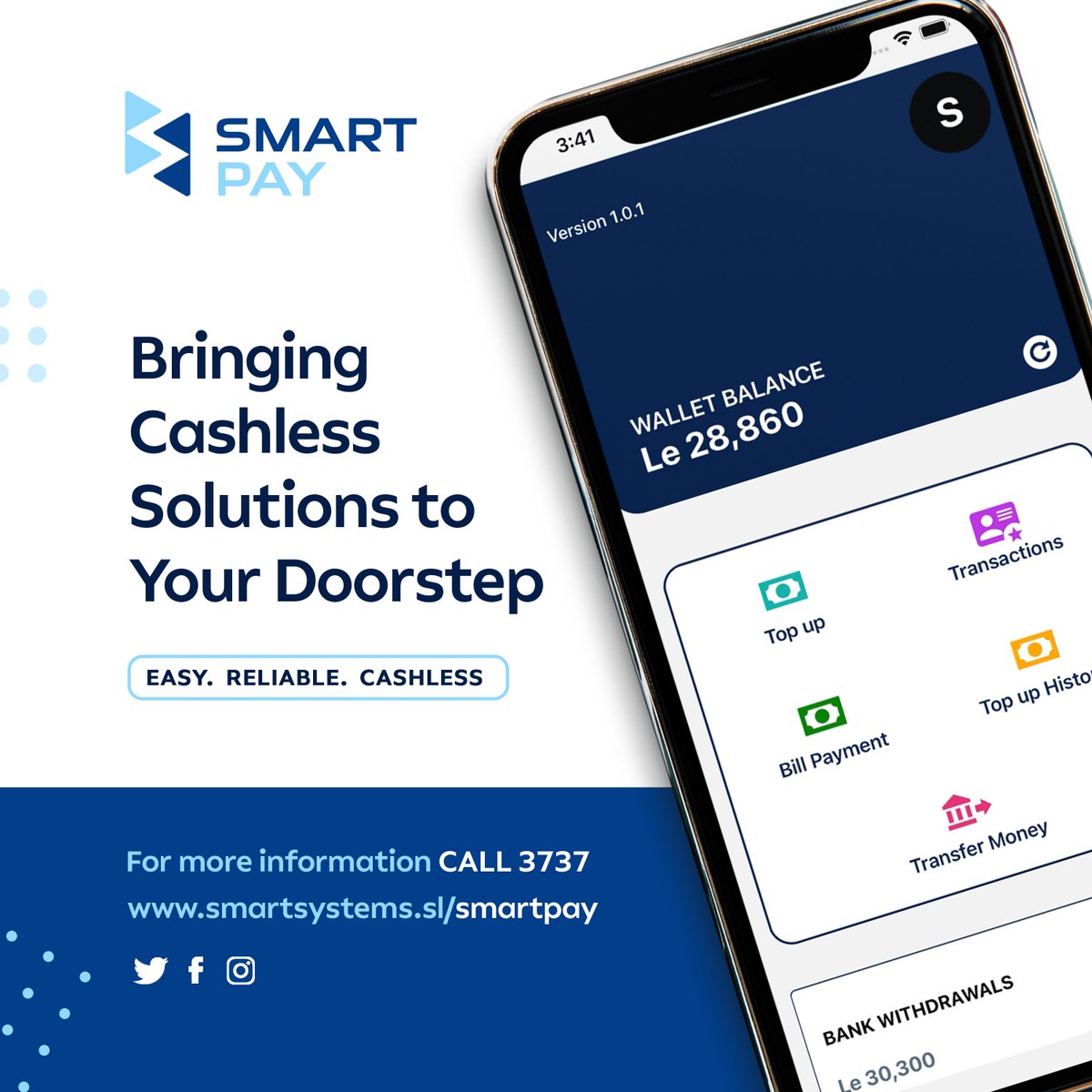 It's time to go cashless! 

Introducing SmartPay, a new and better way to receive and process payments. 

For more information, visit our website: smartsystems.sl/smartpay/

#cashless #fintech #paymentsolutions #merchantservices #onlinepayments #digitalpayment