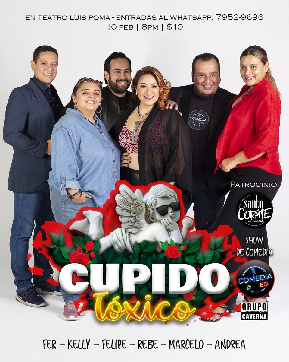 GrupoCaverna's tweet photo. "Cupido Tóxico" - Stand up comedy
Con una dinámica especial: Preguntas del público a -cupido tóxico-

Viernes 10 de febrero |  8pm | $10  |  Compra al whatsapp 7952 9696
En Teatro Luis Poma, Metrocentro San Salvador
#comediaes #standupcomedy https://t.co/NOAoQMS4nK