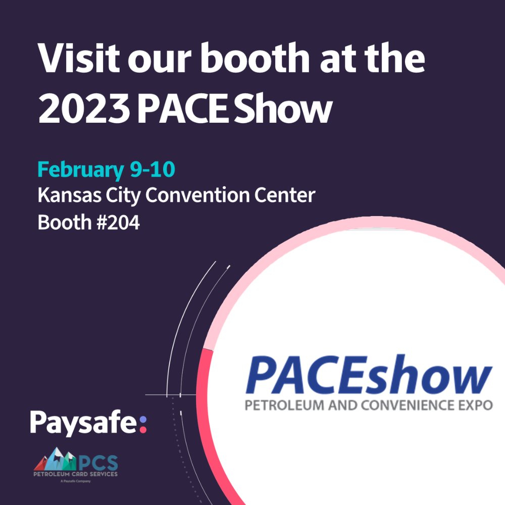 Paysafe's tweet photo. Attending the 2023 #PACEshow in Kansas City next week? Stop by booth #204 to connect with our @PCSPayment team and learn more about the benefits of plugging into #PCS to help power your #petroleum business growth. https://t.co/vlg5m1BXMQ https://t.co/6bwvjFeM3S