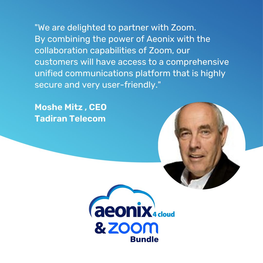 tadirantelecom's tweet photo. "We are delighted to partner with Zoom. 
By combining the power of Aeonix with the collaboration capabilities of Zoom, our customers will have access to a comprehensive unified communications platform that is highly secure and very user-friendly."

https://t.co/Y91HXipP6e https://t.co/O3sizN2WhJ