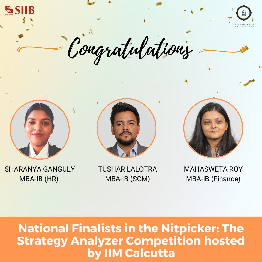 SIIBTweets's tweet image. We extend our heartiest #congratulations to Sharanya ganguly Tushar Lalotra and Mahasweta Roy, for emerging as the #National Finalists in the #Nitpicker: Competition hosted by @iimcalcutta.

We are proud of the team and wish them the best for their future endeavors.

#MBA #SIIB